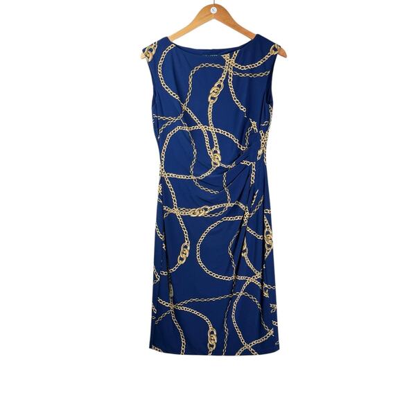 Lauren Ralph Lauren Navy Blue Gold Chain Print Sleeveless Jersey Stretch Dress - Picture 7 of 11